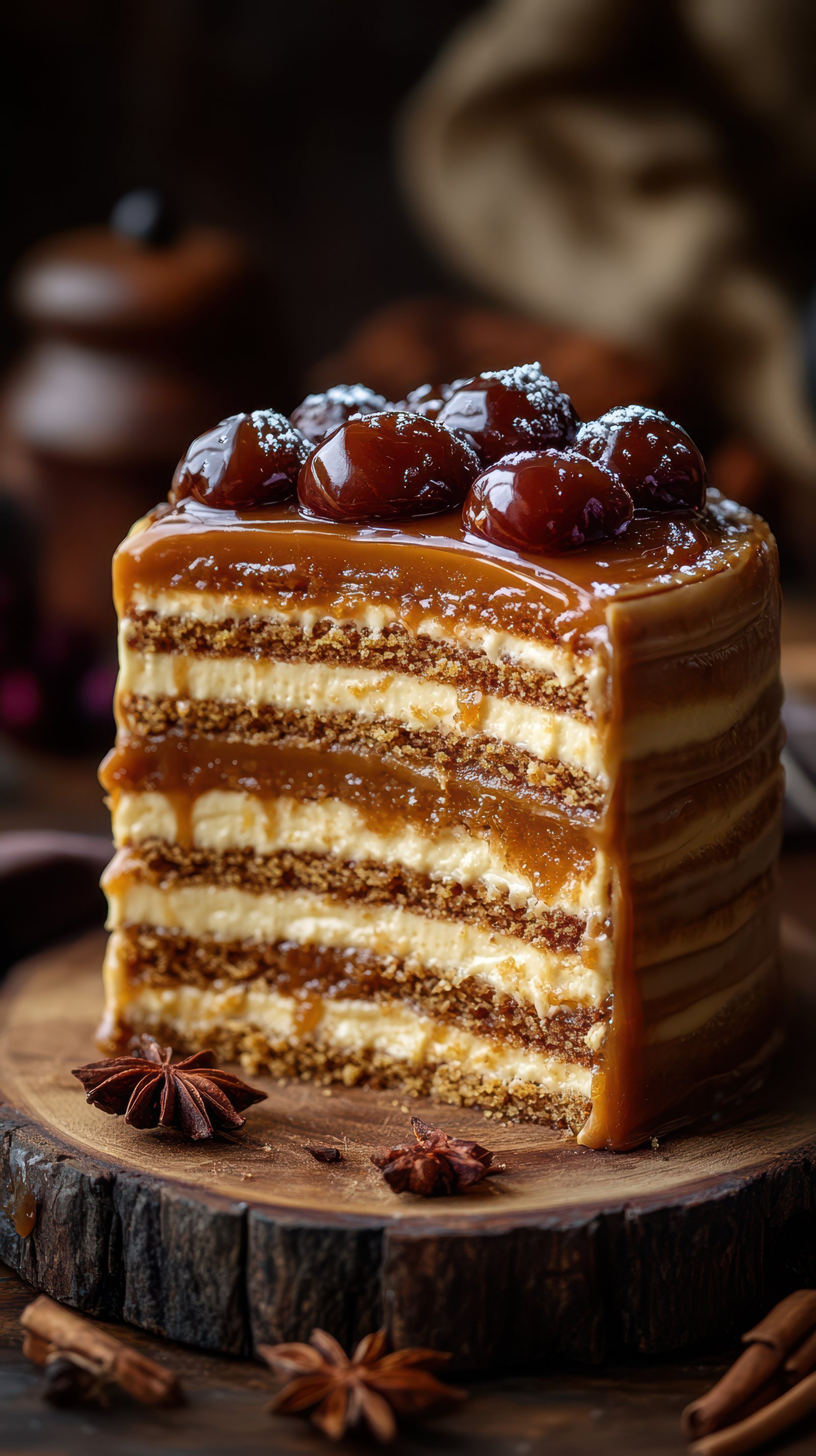Delicious layered cake with caramel and chocolate garnish served on a rustic wooden table